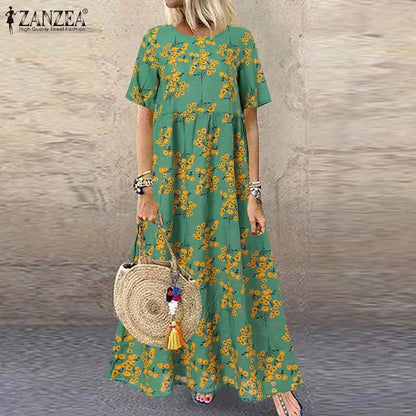 CM | 2024 ZANZEA Mujeres Bohemio Manga Corta Floral Impreso Sundress O Cuello Vacaciones Kaftan Vestido Vestido Baggy Verano Vestidos Largos
