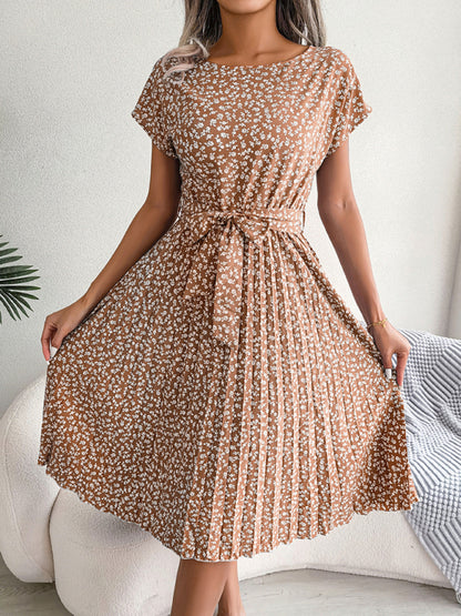 CM | A-line estampado floral escote redondo vestido midi con cinturón de cintura