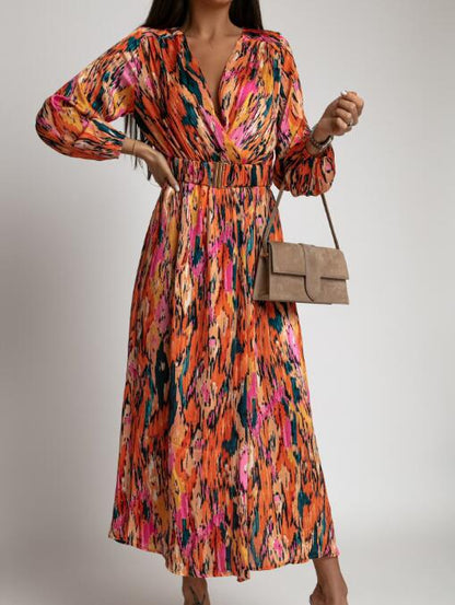 CM | Vestido casual midi de línea A con estampado natural y cintura alta