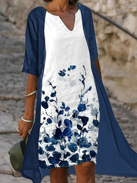 CM | Vestido midi de dos piezas con estampado floral azul y elegantes medias mangas