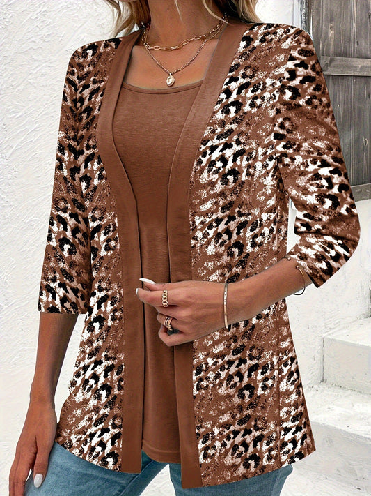 CM Conjunto de dos piezas, top monocolor y chaqueta de punto con estampado de leopardo