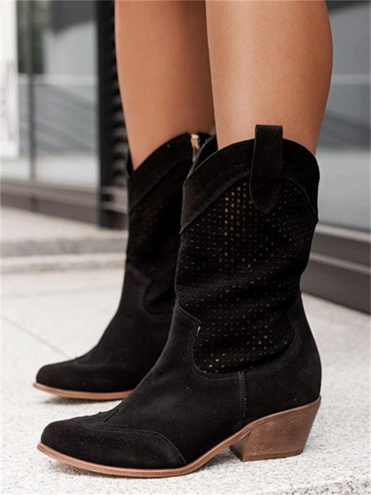 CM | Tacón Medio Alto Branded Ante Corte Bajo Botas Mujer Trendy