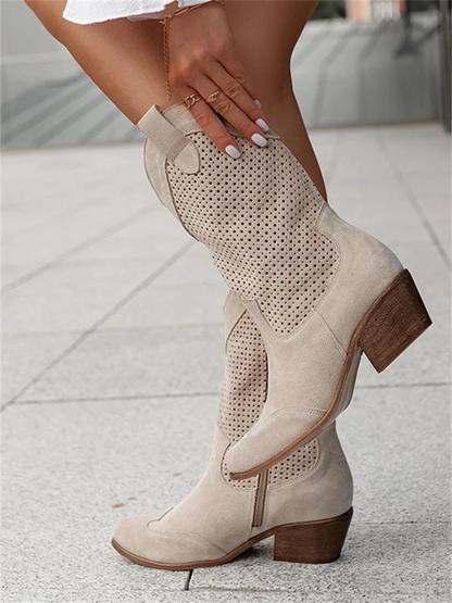 CM | Tacón Medio Alto Branded Ante Corte Bajo Botas Mujer Trendy