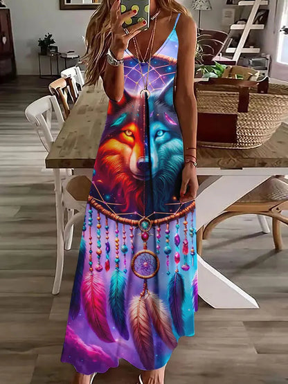 CM | 2024 Nuevo 3D Búho Vintage Imprimir Sin Mangas Chaleco Mujeres Larga Tribal Patrón Espagueti Correa Vestido Verano Larga Suelta Chaleco Vestidos