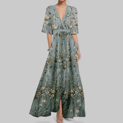 CM | Primavera Verano Mujeres Moda V Cuello Cinturón Fiesta Vestido Largo Sexy Print Boho Maxi Vestidos Manga Corta Bolsa Femlae Vacaciones