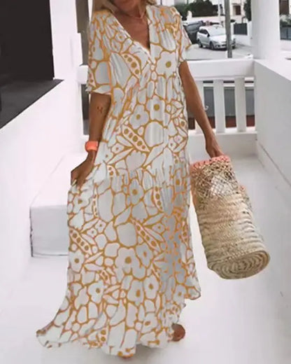 CM | 2024 AliExpress Mujeres Europeas y Americanas Cross border Verano Nueva Moda Impreso Manga Corta Profundo Cuello en V Vestido Largo
