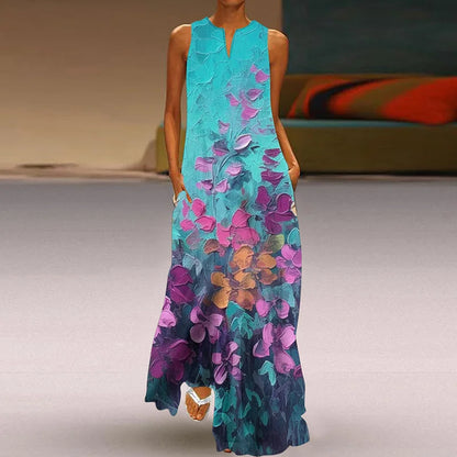 CM | 2025 Summer New Vintage Flower Printed Long Dresses Women Fashion V-Neck Loose Sleeveless Dress Casual Commuting Vestidos Female