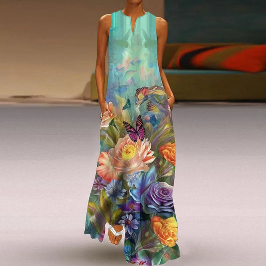 CM | 2025 Summer New Vintage Flower Printed Long Dresses Women Fashion V-Neck Loose Sleeveless Dress Casual Commuting Vestidos Female