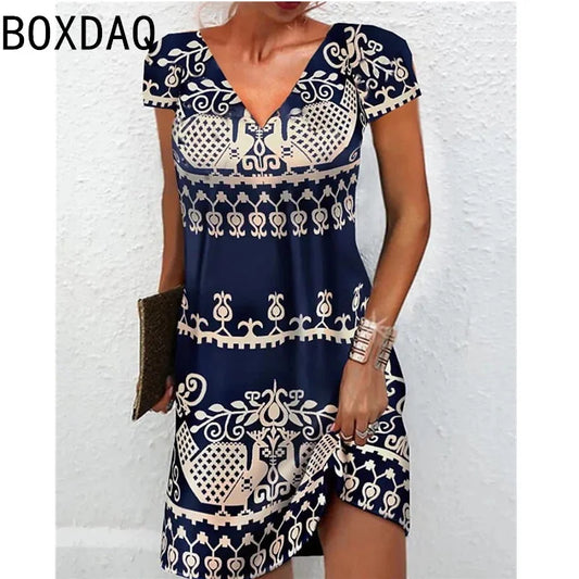 CM | 3D Vintage Elegante Estilo Étnico Vestido Impreso Sobredimensionado Manga Corta Cuello en V Casual A-Line Knee Length Dress Vestidos