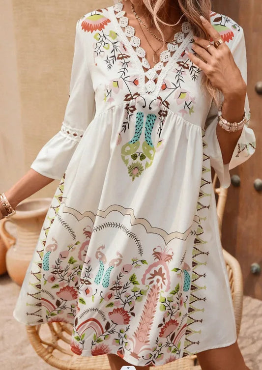 CM | 2025 Señoras Vestido Verano Vacaciones Cuello en V Manga Larga Estampado Floral Vestidos de Fiesta Playa Sexy Mini Ropa Para Mujeres Vestidos