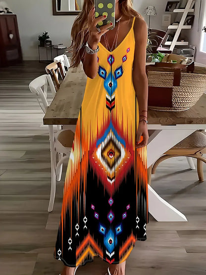 CM | 2024 Nuevo Vintage Ethnic Print Ladies Elegant Dress Summer Ladies Casual Sleeveless Dress Street Fashion Ladies Long Dress