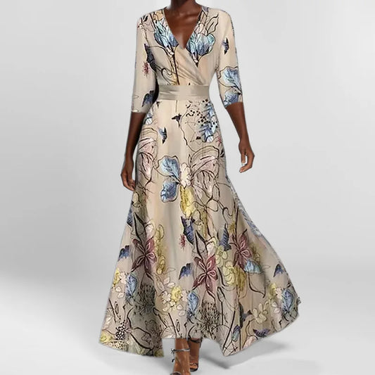 CM | Primavera Verano Mujeres Moda V Cuello Cinturón Fiesta Vestido Largo Sexy Print Boho Maxi Vestidos Manga Corta Bolsa Femlae Vacaciones