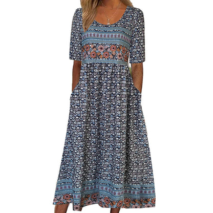 CM | 2025 verano nuevas mujeres bohemia moda suelta impresión cuello redondo manga corta vestido largo