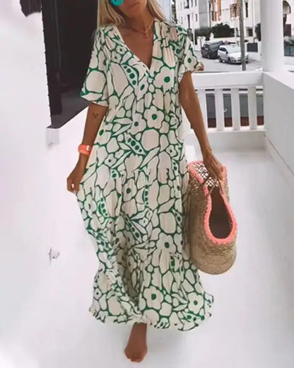 CM | 2024 AliExpress Mujeres Europeas y Americanas Cross border Verano Nueva Moda Impreso Manga Corta Profundo Cuello en V Vestido Largo