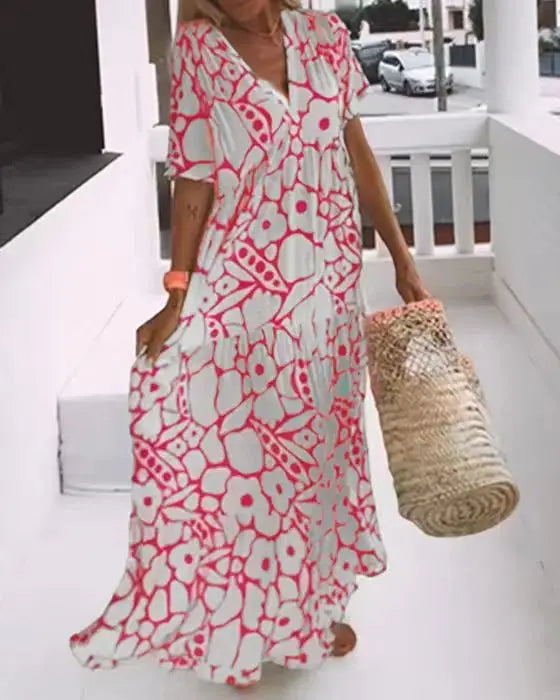 CM | 2024 AliExpress Mujeres Europeas y Americanas Cross border Verano Nueva Moda Impreso Manga Corta Profundo Cuello en V Vestido Largo