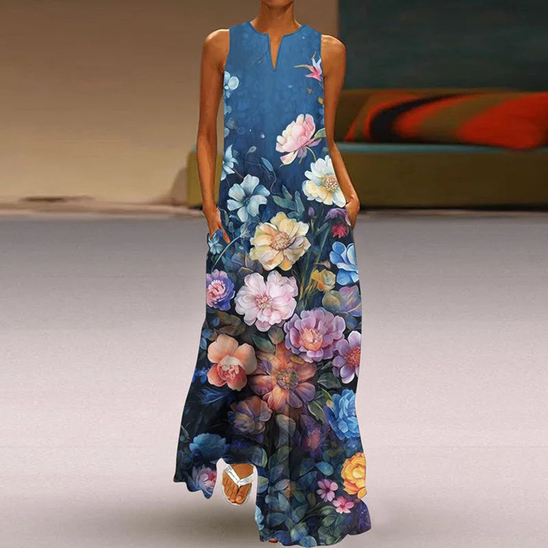 CM | 2025 Summer New Vintage Flower Printed Long Dresses Women Fashion V-Neck Loose Sleeveless Dress Casual Commuting Vestidos Female