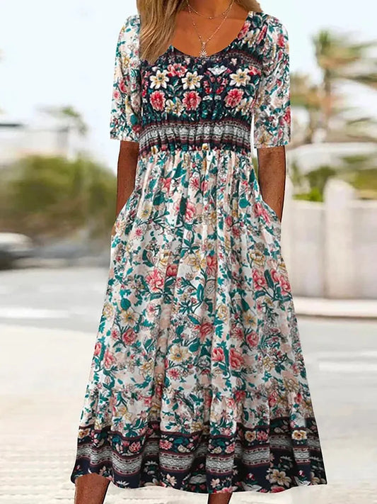 CM | 2025 verano nuevas mujeres bohemia moda suelta impresión cuello redondo manga corta vestido largo