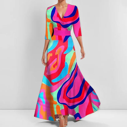 CM | Primavera Verano Mujeres Moda V Cuello Cinturón Fiesta Vestido Largo Sexy Print Boho Maxi Vestidos Manga Corta Bolsa Femlae Vacaciones