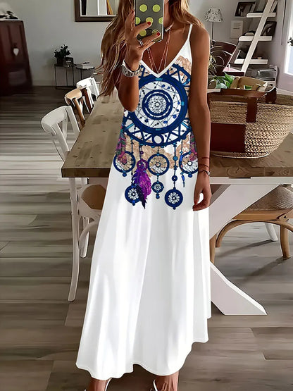 CM | 2024 Nuevo Vintage Ethnic Print Ladies Elegant Dress Summer Ladies Casual Sleeveless Dress Street Fashion Ladies Long Dress