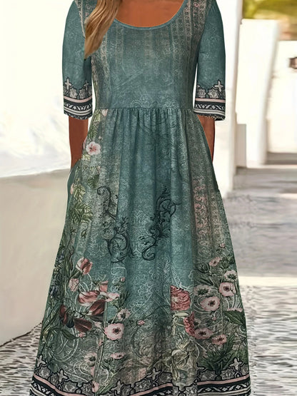 CM | 2025 verano nuevas mujeres bohemia moda suelta impresión cuello redondo manga corta vestido largo
