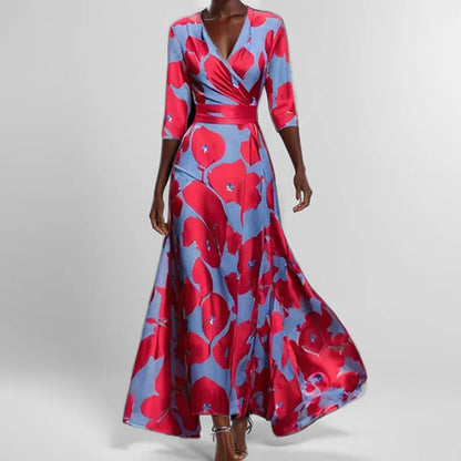 CM | Primavera Verano Mujeres Moda V Cuello Cinturón Fiesta Vestido Largo Sexy Print Boho Maxi Vestidos Manga Corta Bolsa Femlae Vacaciones