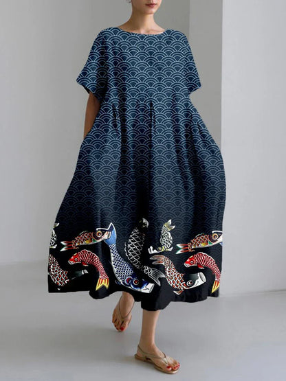 CM | 2024 Nuevo Mujeres Cuello Redondo Vestido Largo Casual Verano Talla Grande Fresco Vestido Estampado Pez Calle Vacaciones Vestido Manga Corta
