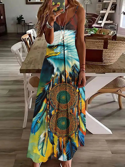 CM | 2024 Nuevo 3D Búho Vintage Imprimir Sin Mangas Chaleco Mujeres Larga Tribal Patrón Espagueti Correa Vestido Verano Larga Suelta Chaleco Vestidos