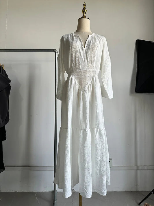 CM | 2025 Nuevo Mujeres Primavera Sólido Suelto Vestido Fiesta Étnico Casual Manga Larga Vestido Playa Vintage Sexy V Cuello Encaje Vestido Largo Hueco