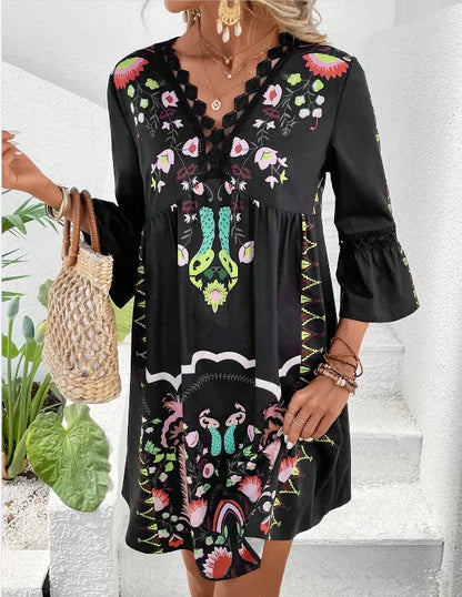CM | 2025 Señoras Vestido Verano Vacaciones Cuello en V Manga Larga Estampado Floral Vestidos de Fiesta Playa Sexy Mini Ropa Para Mujeres Vestidos