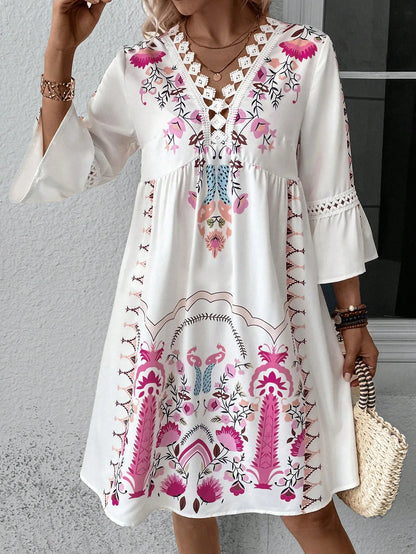 CM | 2025 Señoras Vestido Verano Vacaciones Cuello en V Manga Larga Estampado Floral Vestidos de Fiesta Playa Sexy Mini Ropa Para Mujeres Vestidos