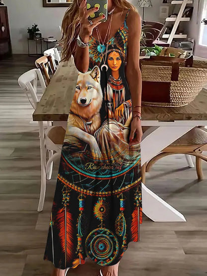 CM | 2024 Nuevo 3D Búho Vintage Imprimir Sin Mangas Chaleco Mujeres Larga Tribal Patrón Espagueti Correa Vestido Verano Larga Suelta Chaleco Vestidos
