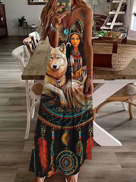 CM | 2024 Nuevo 3D Búho Vintage Imprimir Sin Mangas Chaleco Mujeres Larga Tribal Patrón Espagueti Correa Vestido Verano Larga Suelta Chaleco Vestidos