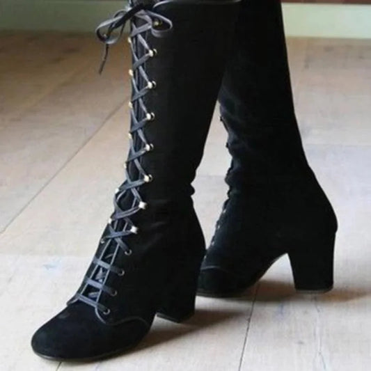 CM | Elegantes botas de cordones hasta la rodilla con tacón de bloque
