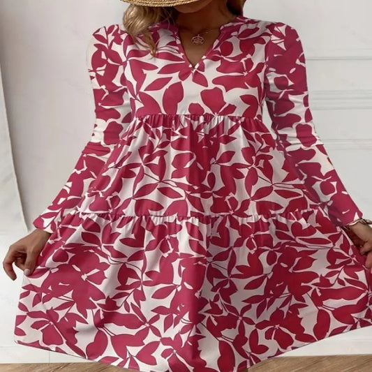 CM | 2024 Señoras Verano Elegante Cuello en V Plisado Línea Sundress Boho Imprimir Mini Vestido Casual Loose Oversize Playa Sundress