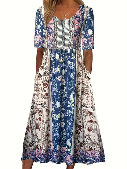 CM | 2025 verano nuevas mujeres bohemia moda suelta impresión cuello redondo manga corta vestido largo
