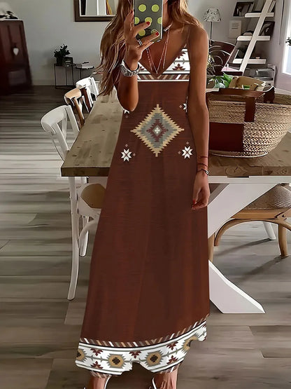 CM | 2024 Nuevo Vintage Ethnic Print Ladies Elegant Dress Summer Ladies Casual Sleeveless Dress Street Fashion Ladies Long Dress