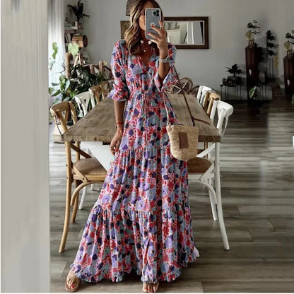 CM | 2024 verano nuevas mujeres europeas y americanas ropa temperamento vacaciones v-cuello impreso gran swing vestido largo
