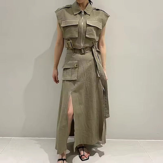 CM | Elegante vestido con cintura alta y detalles de cárdigan