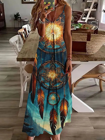 CM | 2024 Nuevo 3D Búho Vintage Imprimir Sin Mangas Chaleco Mujeres Larga Tribal Patrón Espagueti Correa Vestido Verano Larga Suelta Chaleco Vestidos
