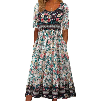 CM | 2024 Europa y Estados Unidos verano nuevas mujeres cuello redondo manga corta falda larga vestido estampado bohemio mujeres