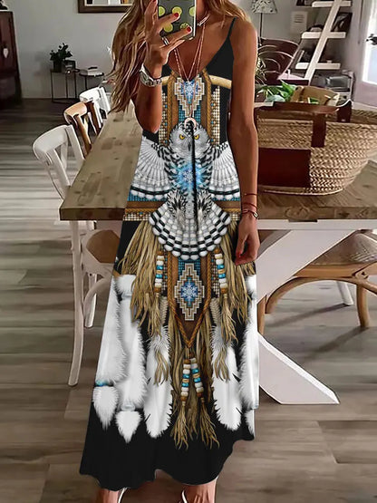 CM | 2024 Nuevo 3D Búho Vintage Imprimir Sin Mangas Chaleco Mujeres Larga Tribal Patrón Espagueti Correa Vestido Verano Larga Suelta Chaleco Vestidos