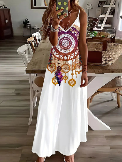 CM | 2024 Nuevo Vintage Ethnic Print Ladies Elegant Dress Summer Ladies Casual Sleeveless Dress Street Fashion Ladies Long Dress