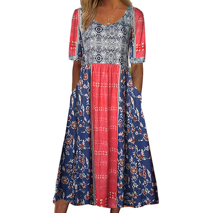 CM | 2025 verano nuevas mujeres bohemia moda suelta impresión cuello redondo manga corta vestido largo