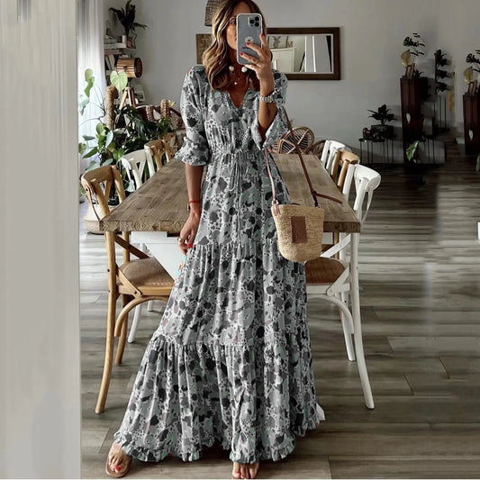 CM | 2024 verano nuevas mujeres europeas y americanas ropa temperamento vacaciones v-cuello impreso gran swing vestido largo