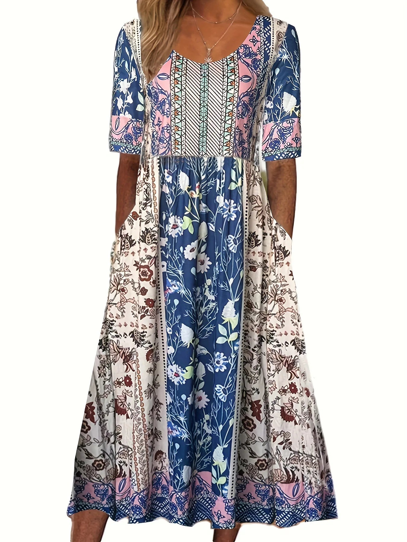 CM | 2024 Europa y Estados Unidos verano nuevas mujeres cuello redondo manga corta falda larga vestido estampado bohemio mujeres