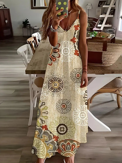 CM | 2024 Nuevo Vintage Ethnic Print Ladies Elegant Dress Summer Ladies Casual Sleeveless Dress Street Fashion Ladies Long Dress