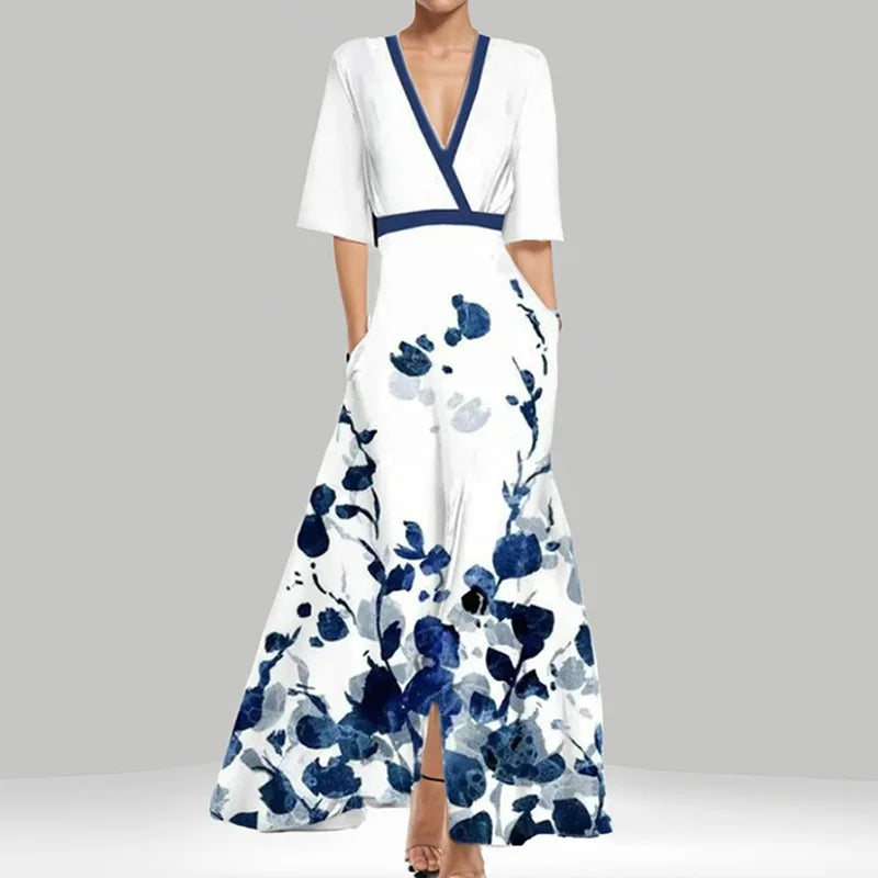 CM | Primavera Verano Mujeres Moda V Cuello Cinturón Fiesta Vestido Largo Sexy Print Boho Maxi Vestidos Manga Corta Bolsa Femlae Vacaciones