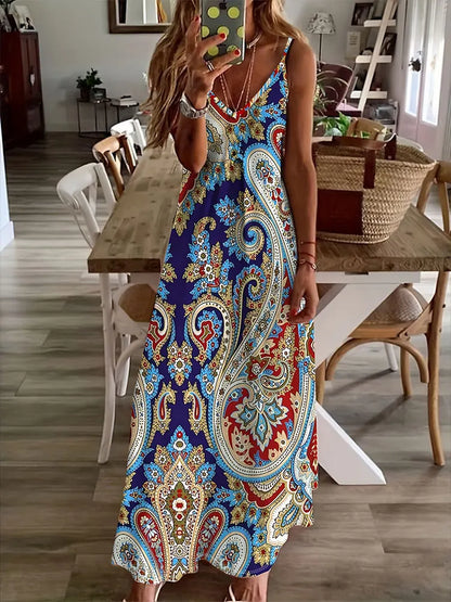 CM | 2024 Nuevo Vintage Ethnic Print Ladies Elegant Dress Summer Ladies Casual Sleeveless Dress Street Fashion Ladies Long Dress