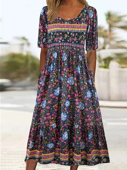 CM | 2025 verano nuevas mujeres bohemia moda suelta impresión cuello redondo manga corta vestido largo