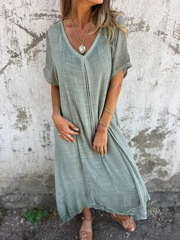 CM | Vestido midi de algodón y lino con escote en V